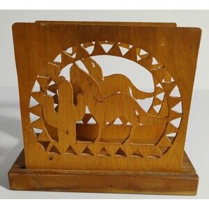 Vintage Hand Carved Southwest Coyote Cactus Napkin Holder